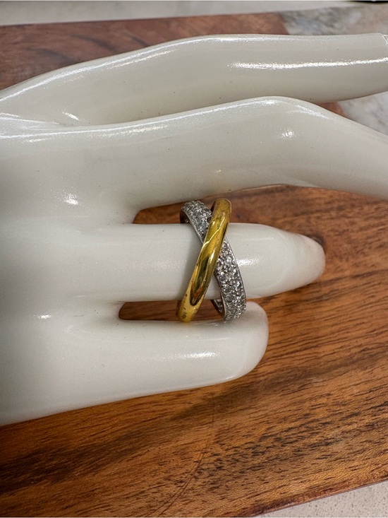 Jewelry - Interlocking Gold and Silver Tone Ring with Pavé Crystals - Size 6.5